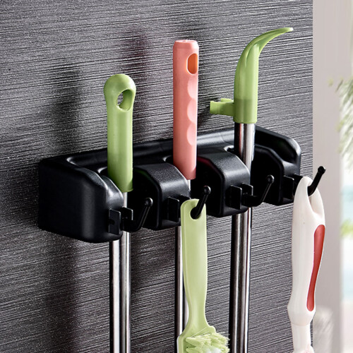 practical mop storage shelf black 3 slots 4 hooks for home bathroom 2