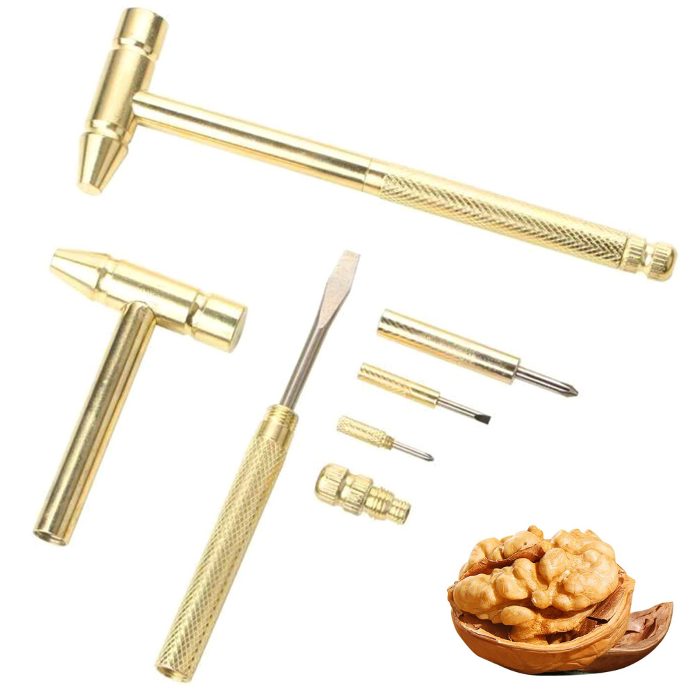 Hammer Mallet 6-In-1 Miniature Copper Tool With Stainless Steel Handle, 4 Screwdrivers, Lightweight And Compact, Gold-image-OPC-PKKKS92-NEW