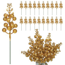 (Gold) 20 Pack Christmas Glitter Berries Stems, 7.8inch Artificial Red Berry Stems Holly Christmas Berries Picks for Christmas Tree Ornaments