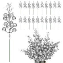(Silver) 20 Pack Christmas Glitter Berries Stems, 7.8inch Artificial Red Berry Stems Holly Christmas Berries Picks for Christmas Tree Ornaments