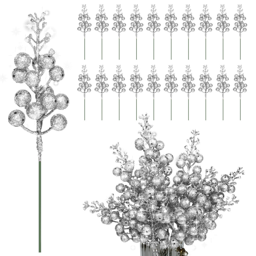 (Silver) 20 Pack Christmas Glitter Berries Stems, 7.8Inch Artificial Red Berry Stems Holly Christmas Berries Picks For Christmas Tree Ornaments Not,Specified