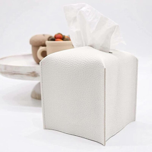 Tissue Box Cover Holder, Modern Square Decorative PU Leather Organizer with Bottom Belt