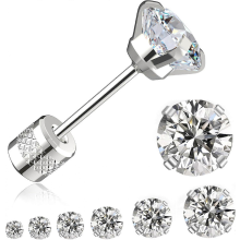 Threadless Flat Back Stud Earrings, 6 Pairs Titanium Hypoallergenic Earrings for Women Men, Cubic Zirconia Silver Gold Stud Earrings Surgical
