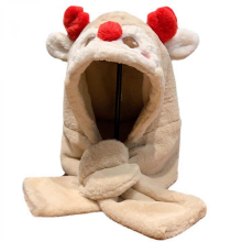 One Piece Cap Reindeer Hat Winter Hat Scarf Set Plush Scarf Hooded Hat Deer Antler Neck for Protection Hat pinkKhaki