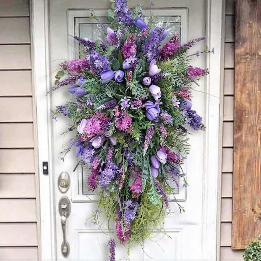 Floral Teardrop Wreath - Artificial Tulip & Swag For Front Door, Spring/Summer Home Decor Purple/Lavender