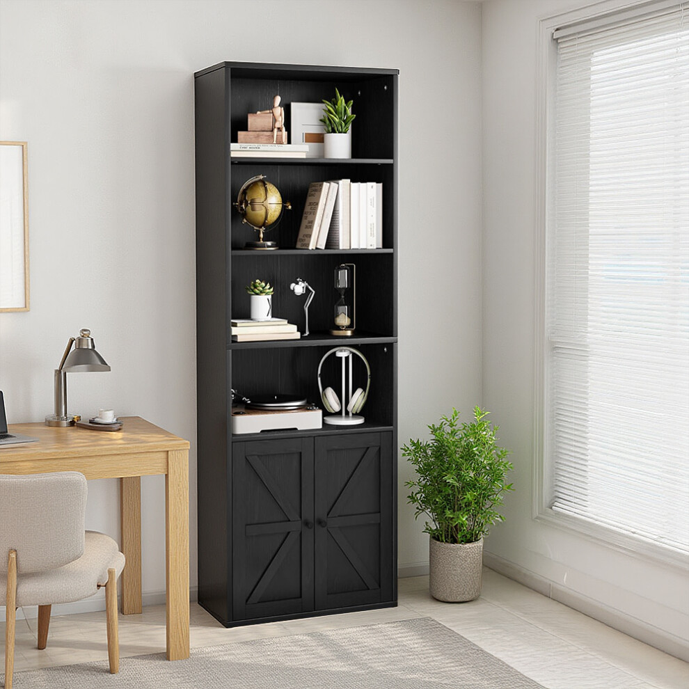 Black Wooden Bookcase Storage Shelf with Cabinet, 55x23x181cm-image-OPC-PKKT5YX-NEW