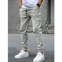 (pebble lime, L) Men's Solid Flap Pocket Drawstring Waist Cargo Pants, Regular Fit Casual Street Jogger Pants for Daily Wear, Men's Trousers for All Seasons