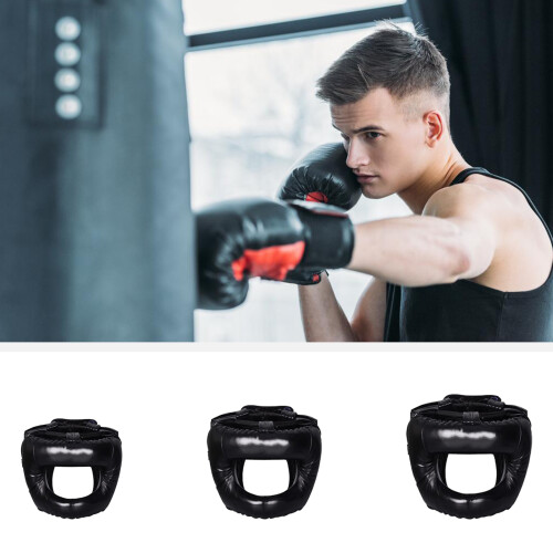 Full Face Kick Boxing Helmets PU Leather Training-Black S 2