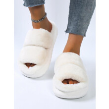 (White, CN36-37) Women's Fashionable Solid Color Fluffy Slippers, Airport Outfits 2025, Girl Comfort Double Strap Bedroom Slippers for Women, Casual Soft