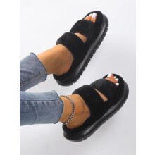 (Black, CN42-43) Women's Fashionable Solid Color Fluffy Slippers, Airport Outfits 2025, Girl Comfort Double Strap Bedroom Slippers for Women, Casual Soft