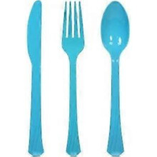 Plastic Cutlery Set Heavy Duty Colored Plastic Silverware - Includes 32 Forks, 32 Teaspoons, and 32 Knives (Blue, 96)