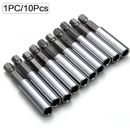 (Silver, 10Pcs) 60mm Magnetic Screwdriver Extended Bit Tools, Hex Shank Bit Adapter, Bit Holder Extension Socket Drill 1/4" Hex Power Tools, 1/4 inch