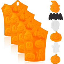 4 Pcs Halloween Silicone Baking Molds Chocolate Cookie Candy Ice Cube Molds with Pumpkin Bat Skull Ghost Shape for DIY