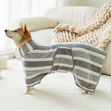 (ash, L) Striped Pattern Pet Bath Towel, 1 Count Cute Pet Puppy Bath Robe with Neck Buckle, Quick Drying Pet Bathing Accessories, Dog & Cat Grooming