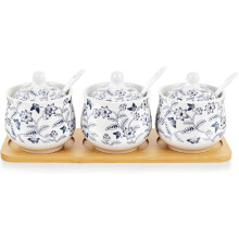 Blue and White Floral Kitchen Spice Jar, Chinese Sugar Bowl Set of 3 with Lid and Spoon, Ceramic Condiment Pot with Serving Tray for Home and Kitchen