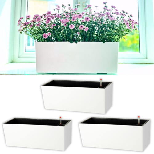 Planter Box for Indoor Plants 3 Pack 14 Inch White Rectangular Self Watering Window Box with Drainage