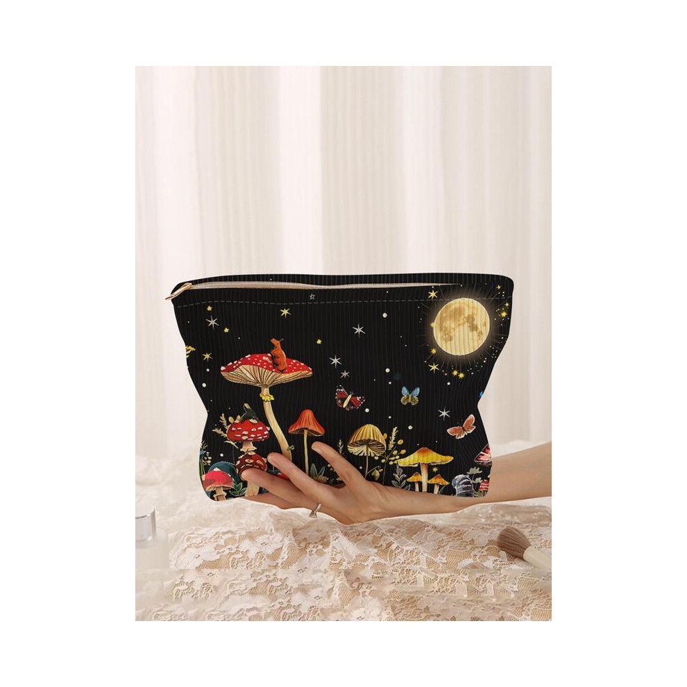 (Multicolor, one-size) Mushroom & Butterfly Pattern Makeup Bag, Corduroy Zipper Makeup Organizer Pouch, Multi-functional Portable Travel Storage Bag f