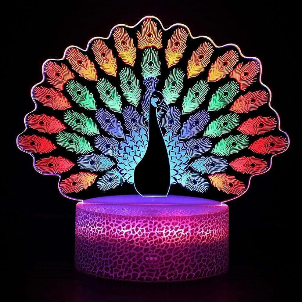 Kikidex (As Show, One Size) 3D Night Peacock Illusion Lamp Creative Gift Visual Lamp Led Three-Color Touch Remote Control Creative Gift Desk Lamp ,Birth Light