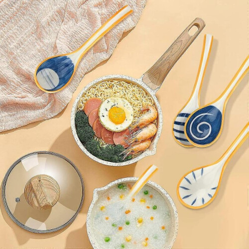 4 Piece Ceramic Soup Spoon Set Vintage Ceramic Rice Spoon Crank Ramen Soup Spoon Painted Pattern 2