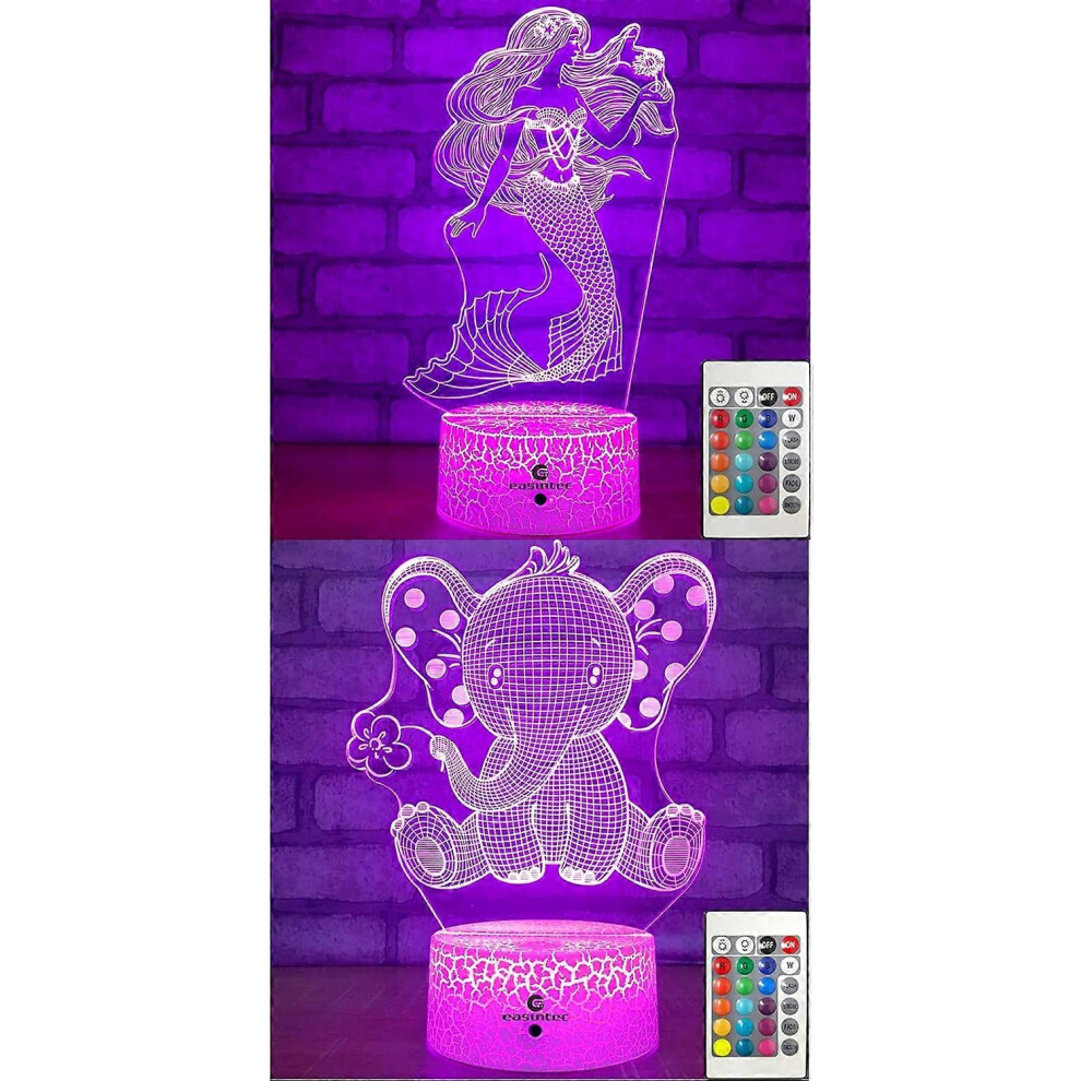 Kikidex (As Show, One Size) Mermaid + Elephant 3D Night ( 2 In 1 Bundle) Light