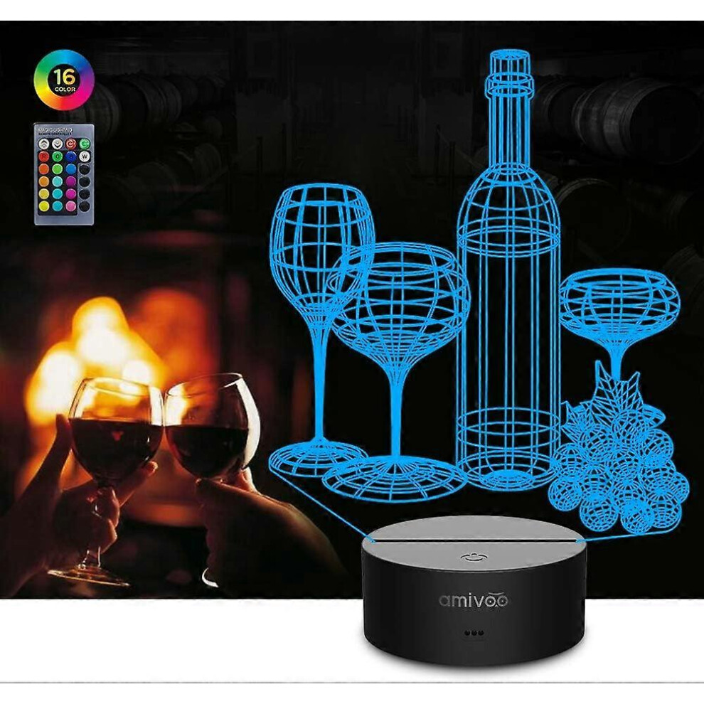 (As show, One size) Wine Cup Wine Bottle 3D Night Light 16 Color Changing with Remote 3D Optical Illusion Lamp Birthday Christmas Gifts for Wife Husband Men Adults
