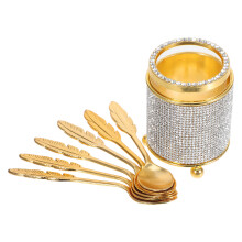 Set Of Gold Coffee Spoons With Rhinestone Holder And Glass Base