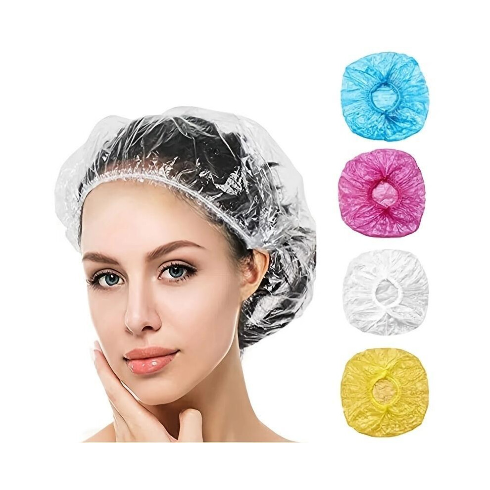 (Clear, one-size) 100pcs Disposable Shower Caps, Plastic Elastic Bath Caps, Waterproof Shower Hair Cover, Home Goods