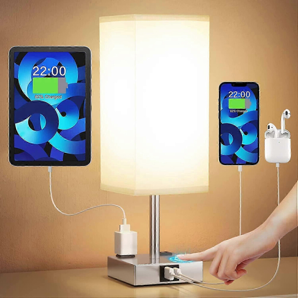 Bedside Lamp With Usb Port - Touch Table Lamp For Bedroom With Usb C+A Charging Ports And Ac Outlets, 3-Way Dimmable Nightstand Lamp For Living Room Light