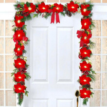 6.5Ft Lighted LED Christmas Garland with Red Berries and Holly Leaves, Pre-Lit Velvet Artificial Poinsettia Garland