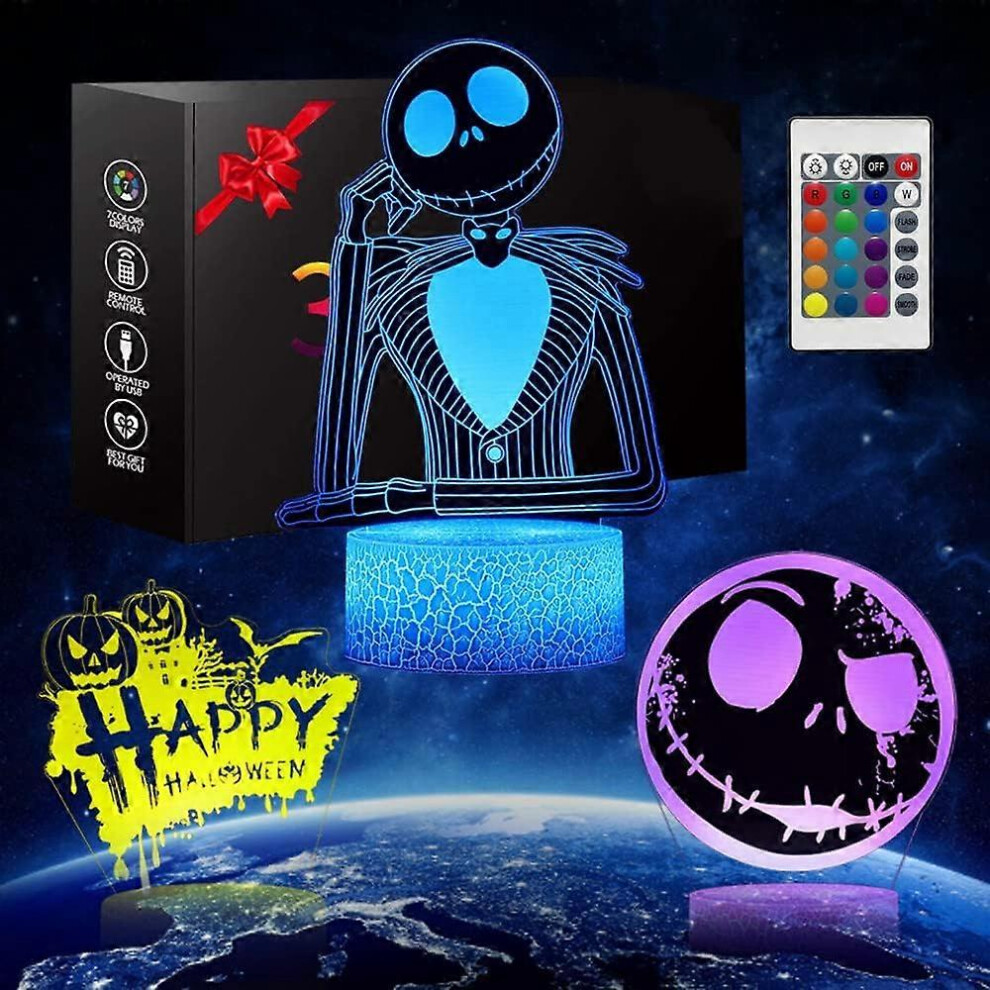 (As show, One size) Halloween Jack Skellington 3D Anime Lamp,,3 Pattern 16 Color Change Christmas Birthday Gifts