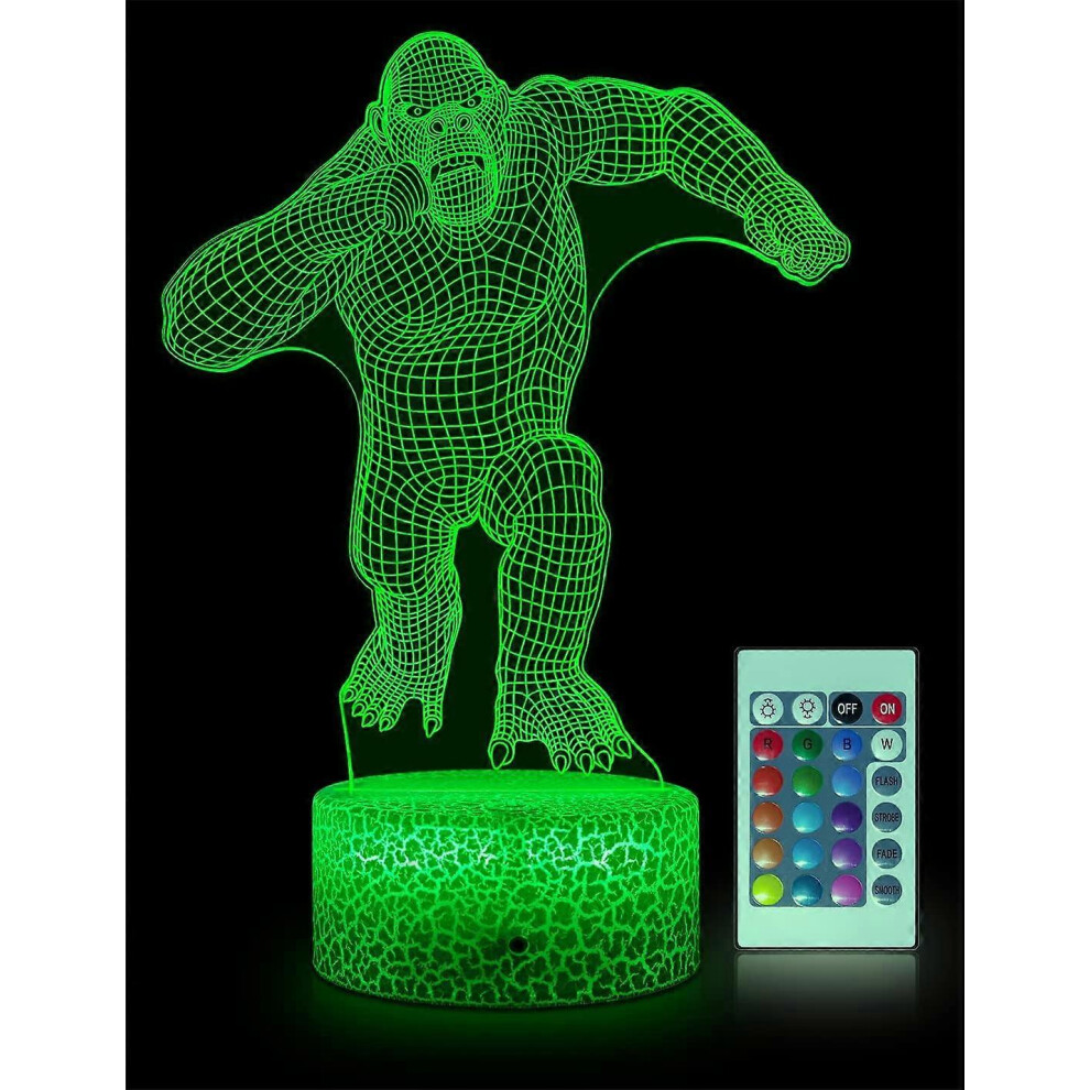 Kikidex (As Show, One Size) 3D Gorilla Lamp Optical Illusion Night ,16 Color Changing Night S/Dimmable Brightness/Remote & Touch Control Light