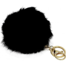 Rabbit Fur Ball Pom Pom KeyChain Gold Plated Keychain with Plush for Car Key Ring or Handbag Bag Decoration (Black)