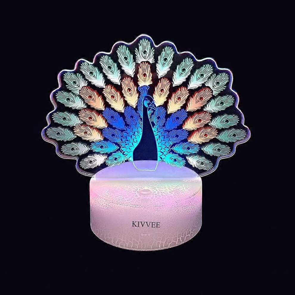 Kikidex (As Show, One Size) Peacock 3D Illusion Lamp Night Visual Desk Lamp Dynamic Touch Led Three Colorful Creative Gift Light
