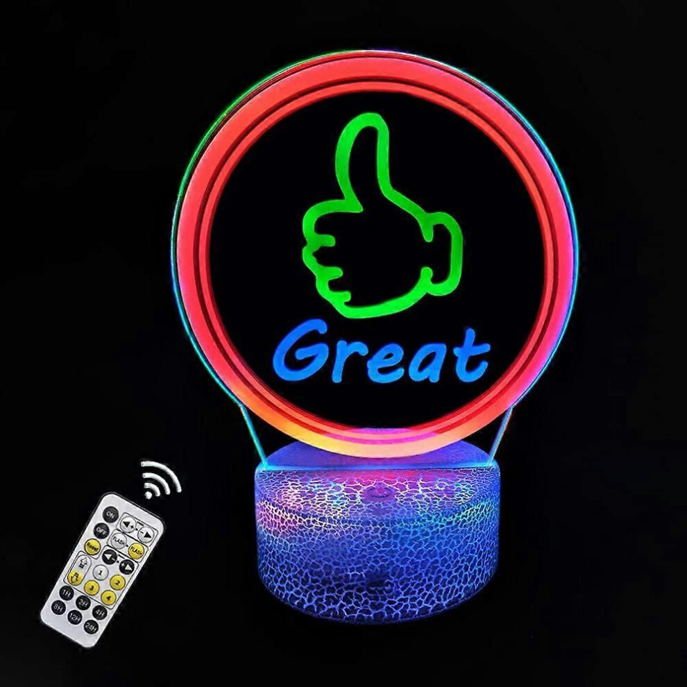 Kikidex (As Show, One Size) 3D Night Letter Great Thumbs Up Desk Lamp Visual Table Lamp Dynamic Remote Control Light