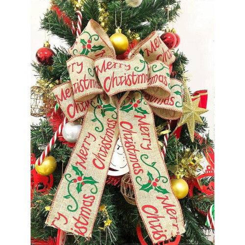 Burlap Christmas Bow Ribbon Christmas Tree Topper Decorations 2