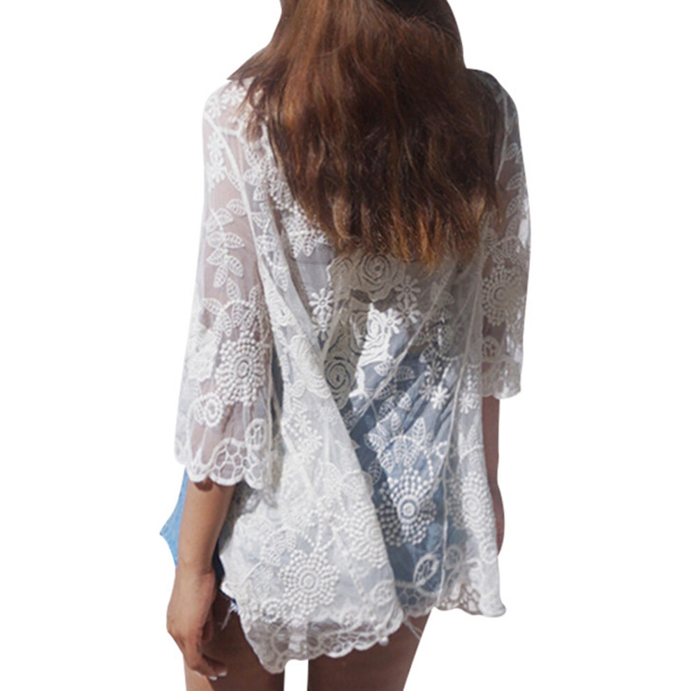 Women Summer Lace Open Front Kimono Cardigan Crochet-White