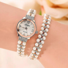 Women Pearl Bracelet Round Square Crystal Case Quartz Watch