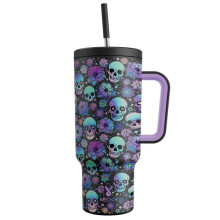 (Black Skull, 40oz) 【Meoky】40oz Holiday Straw Handle Cup, 1/2 Counts Cup, Leak-proof Cup Lid, Silicone Handle, Non-slip Noise Reduction Pad At The Bottom,