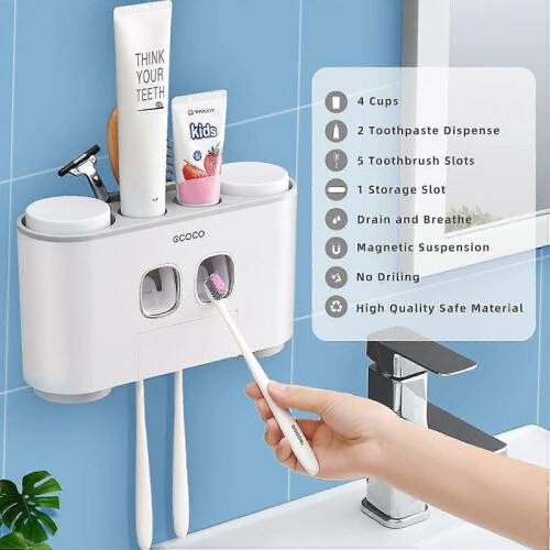 Toothbrush Holder for Bathroom Wall Mounted - Automatic Toothpaste Dispenser Squeezer Bathroom Organizer Accessories Sets 2