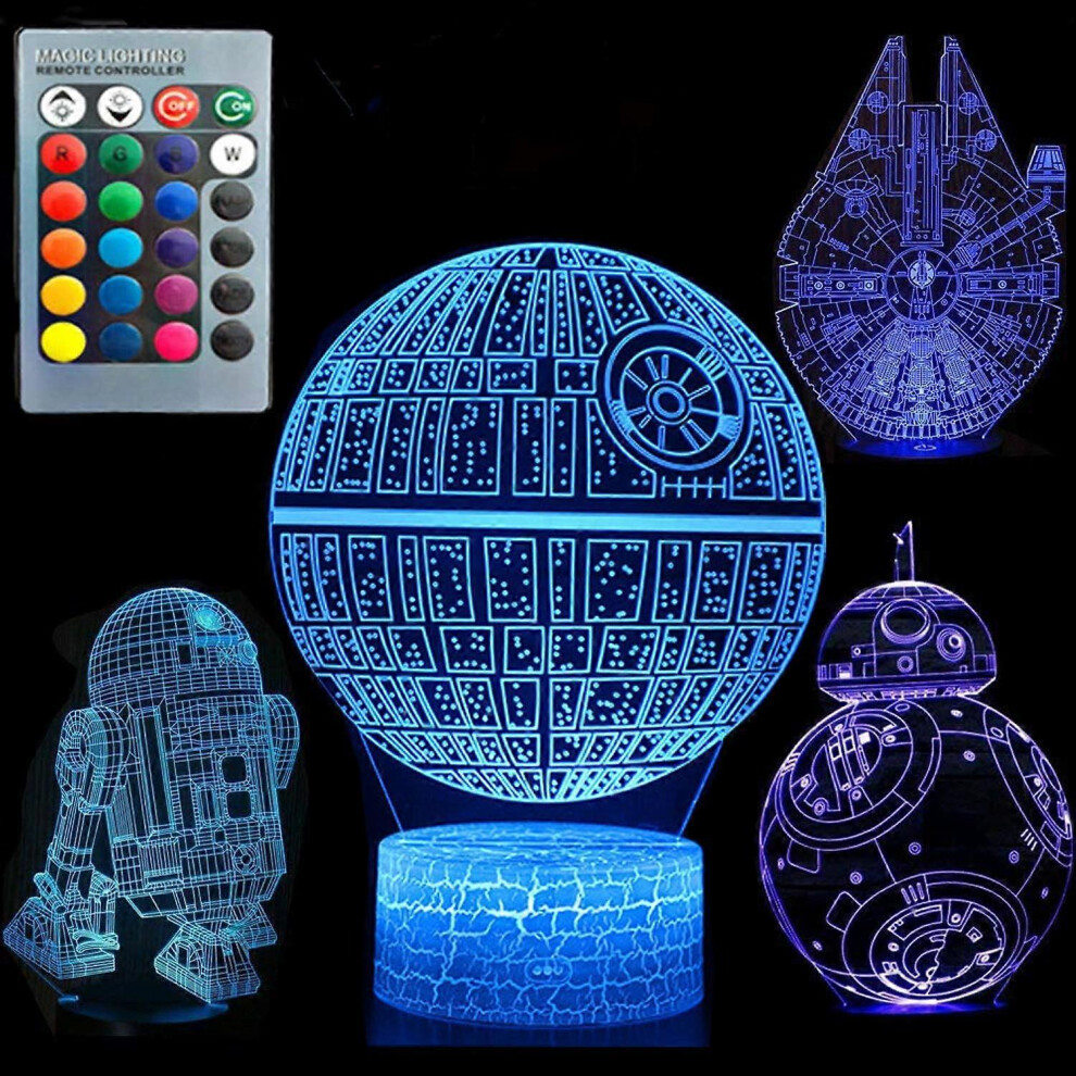 Kikidex (As Show, One Size) 3D Illusion Star Wars Night Four Pattern Death Star/Millennium Falcon/Starships/Bb-8 Interstellar 7 Color Change Decor Lamp Light