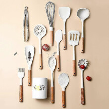 13pcs Natural Wooden Silicone Kitchen Utensils Spatula Set with Storage