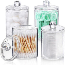 4 Pack Qtip Holder Dispenser for Cotton Ball, Cotton Swab, Cotton Round Pads, Floss - 10 oz Clear Plastic Apothecary Jar Set