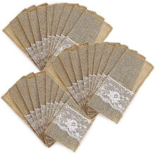 Natural Burlap Tableware Utensil Holders Burlap Lace Silverware Holder Linen Knife and Forks Cutlery Pouch Bag Vintage