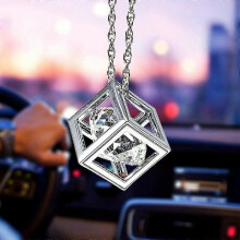 Blue Diamond Cube Crystal Car Rear View Mirror Charms, Bling Car Accessories, Sun Catcher Hanging Ornament w/Chain