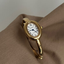 (Gold ribbon with white face (Roman scale)) Bathtub watch, ladies' rose gold diamond bezel, niche design, light luxury and high-end oval bracelet watch
