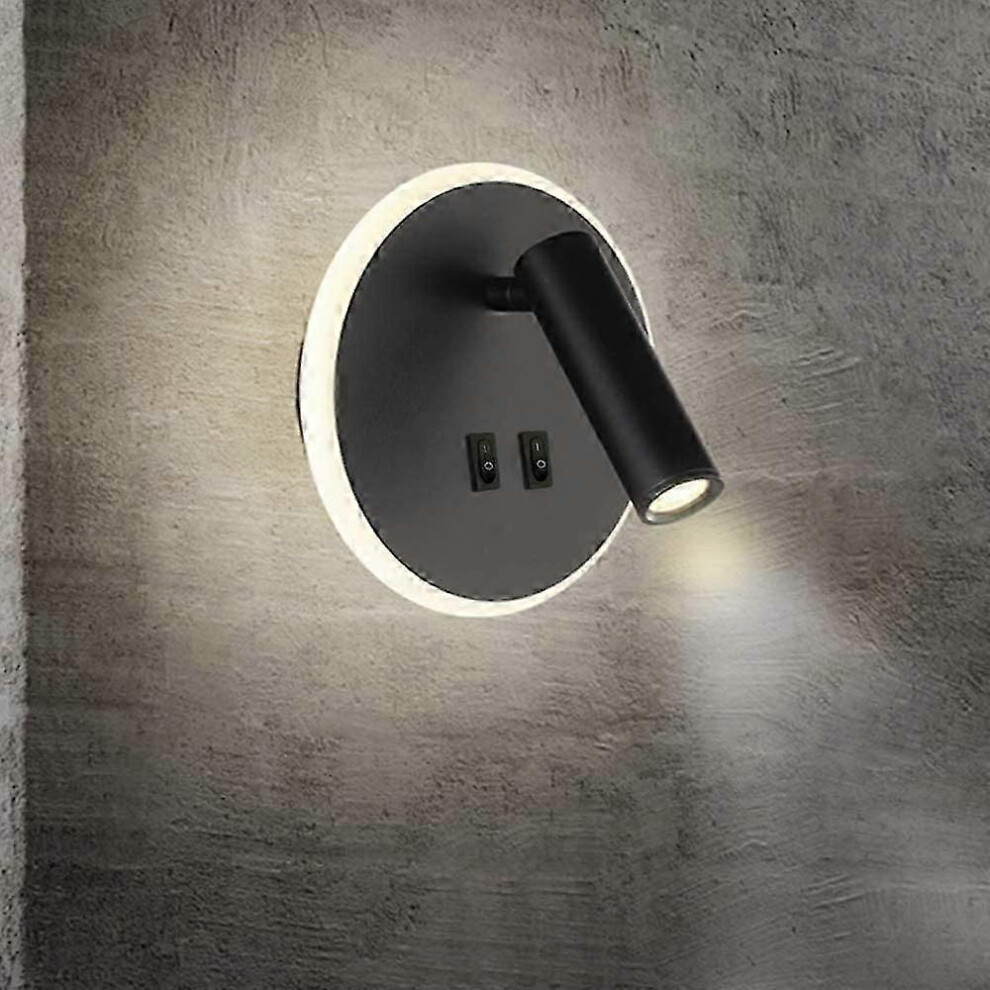 LED Bedside Lamp, Indoor Wall Light for Hotel, Hallway, with Switch, Black, 3W+7W (Round)
