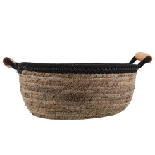 wicker basket straw storage with handles for bathroom makeup organizer