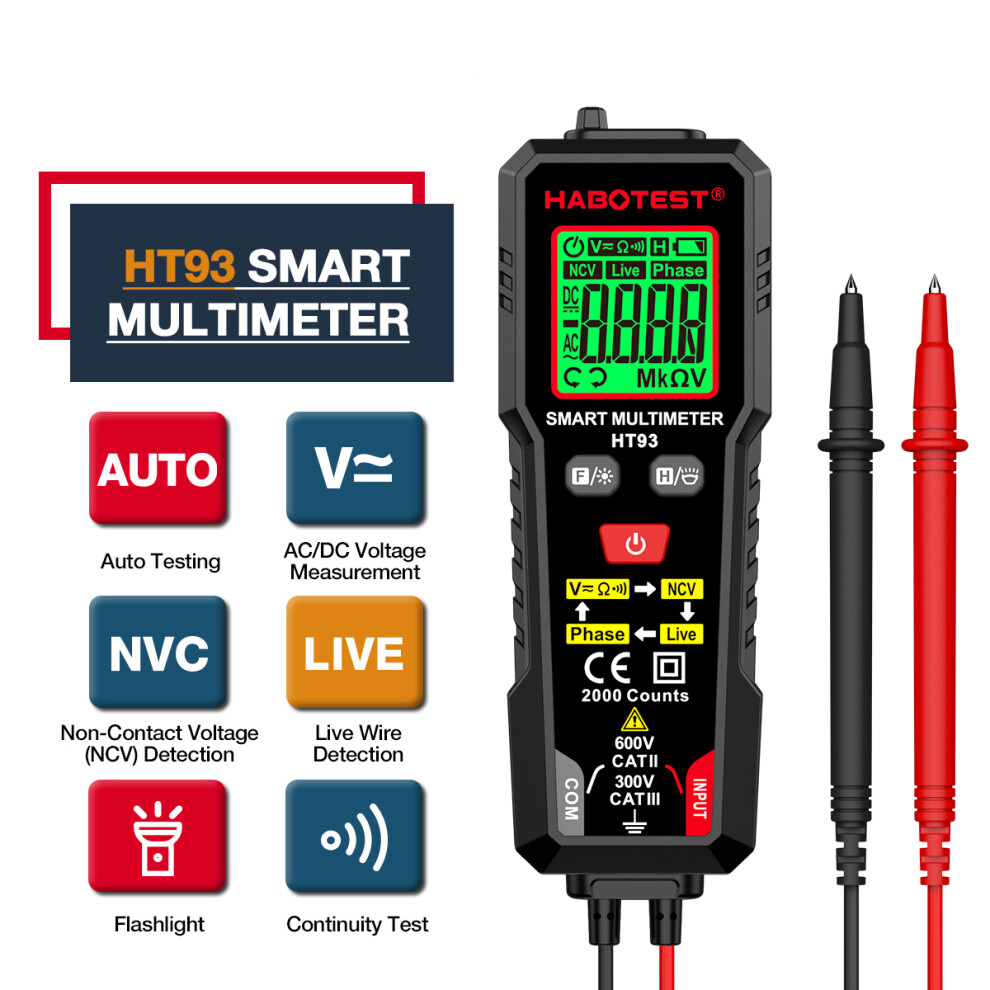 Habotest Ht93 Digital Multimeter 2000 Counts, Auto-Ranging, Volt Ohmmeter 7891351049373