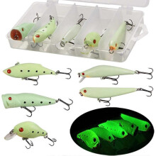 Glow Fishing Lures Bait Kit Glow in the Dark VIB Popper Crank Minnow Pencil Hard Lure with Treble Hook Night Fishing Lures Tackle Box