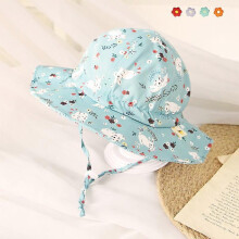 Adjustable Sun Hat Made of Cotton Floppy Disk for Children, Cartoon Print, Bucket Hat for Boys and Girls, Cap Circumference 50-52 Cm (Blue + Rabbit)